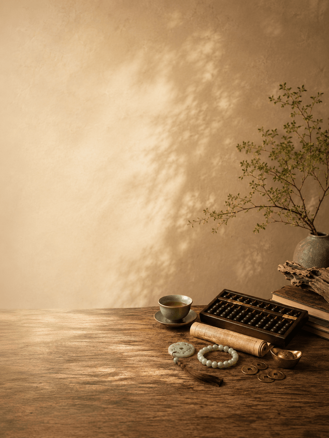 A warm still life with symbolic bracelets and golden details, representing steady growth, opportunity, and prosperity.