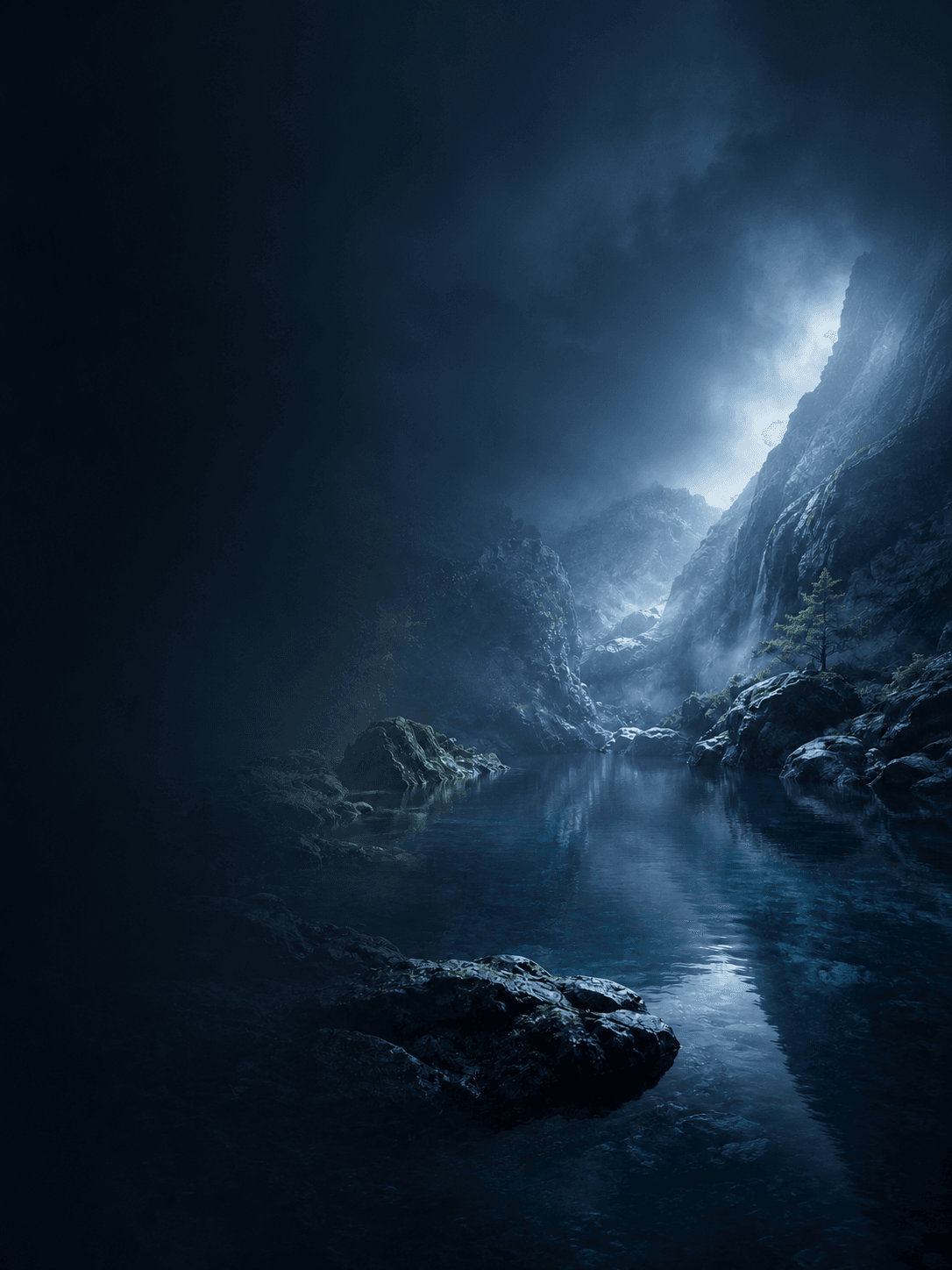 A flowing water scene with deep blue tones, representing the Water element, softness, depth, intuition, and adaptability.