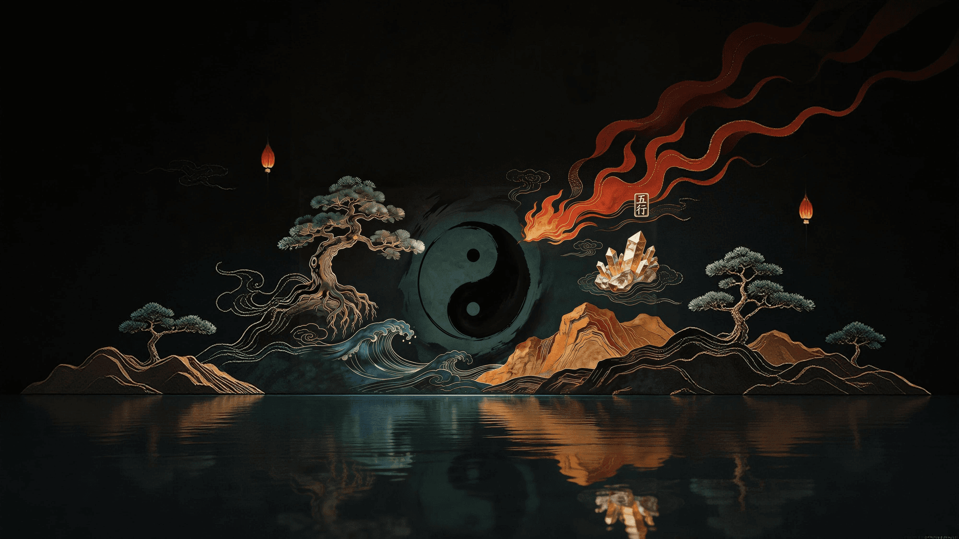An Eastern-inspired Five Elements landscape with Wood, Fire, Earth, Metal, and Water symbols.