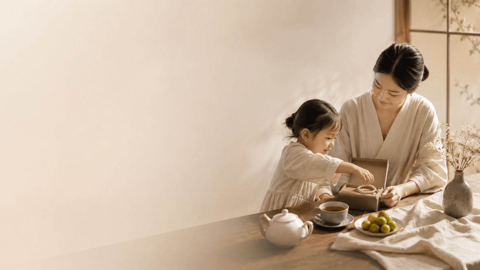 A warm family scene with tea, symbolic bracelets, and gentle light, representing family harmony, care, and blessings for children.