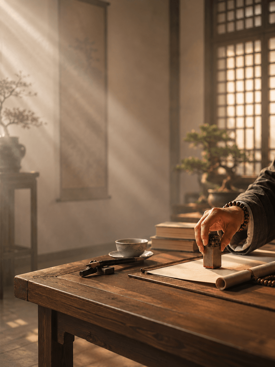 A calm desk scene with symbolic bracelets and work objects, representing focus, discipline, responsibility, and career advancement.