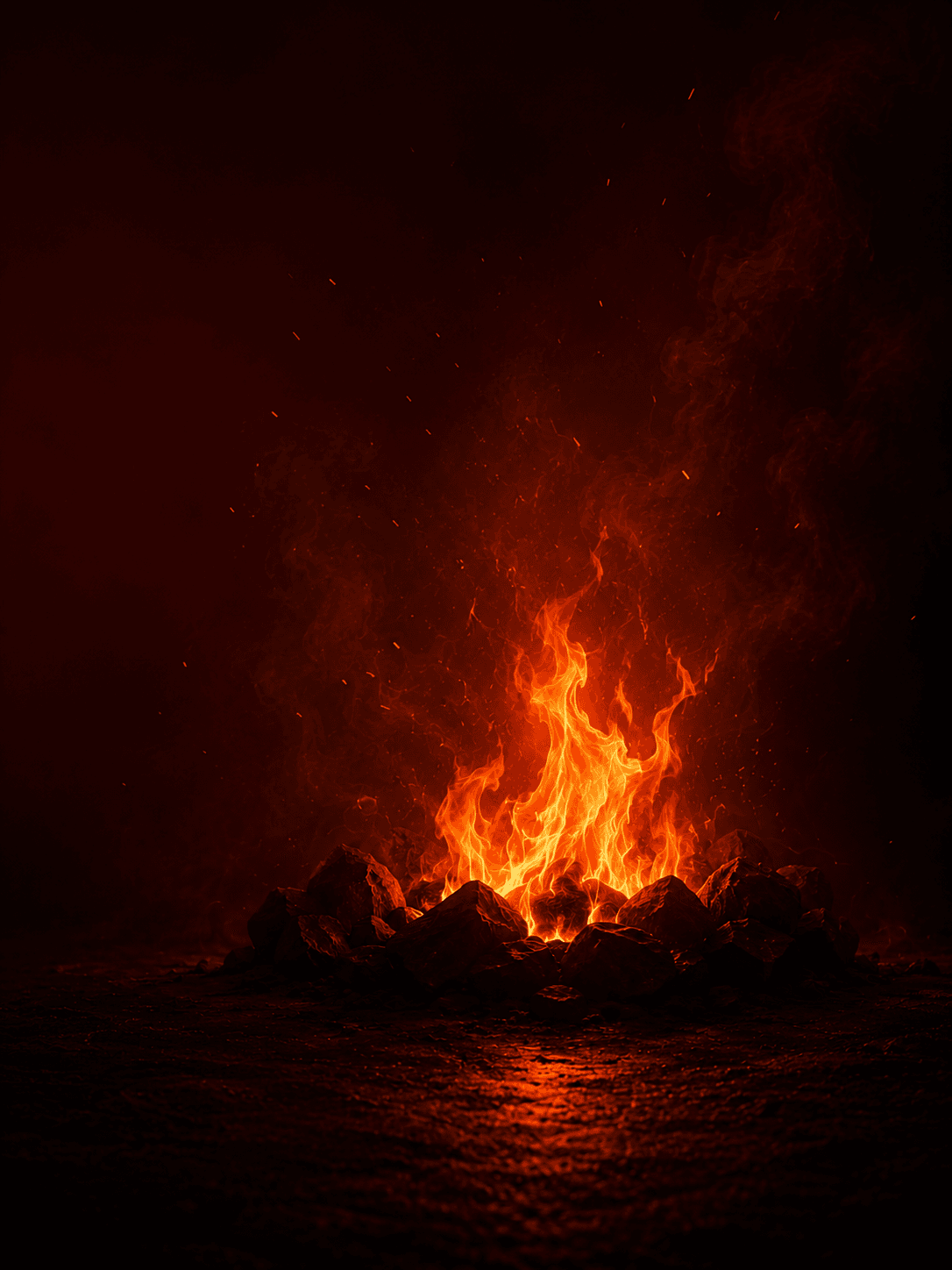 A warm flame and light-filled scene, representing the Fire element, vitality, expression, ritual, and balanced illumination.
