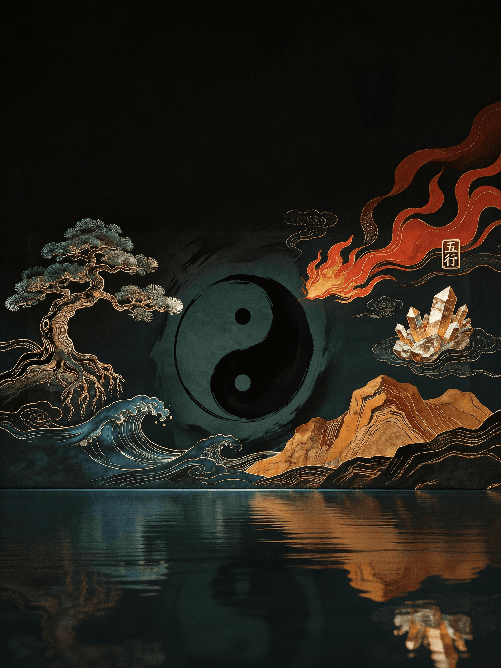 An Eastern-inspired Five Elements landscape with Wood, Fire, Earth, Metal, and Water symbols.
