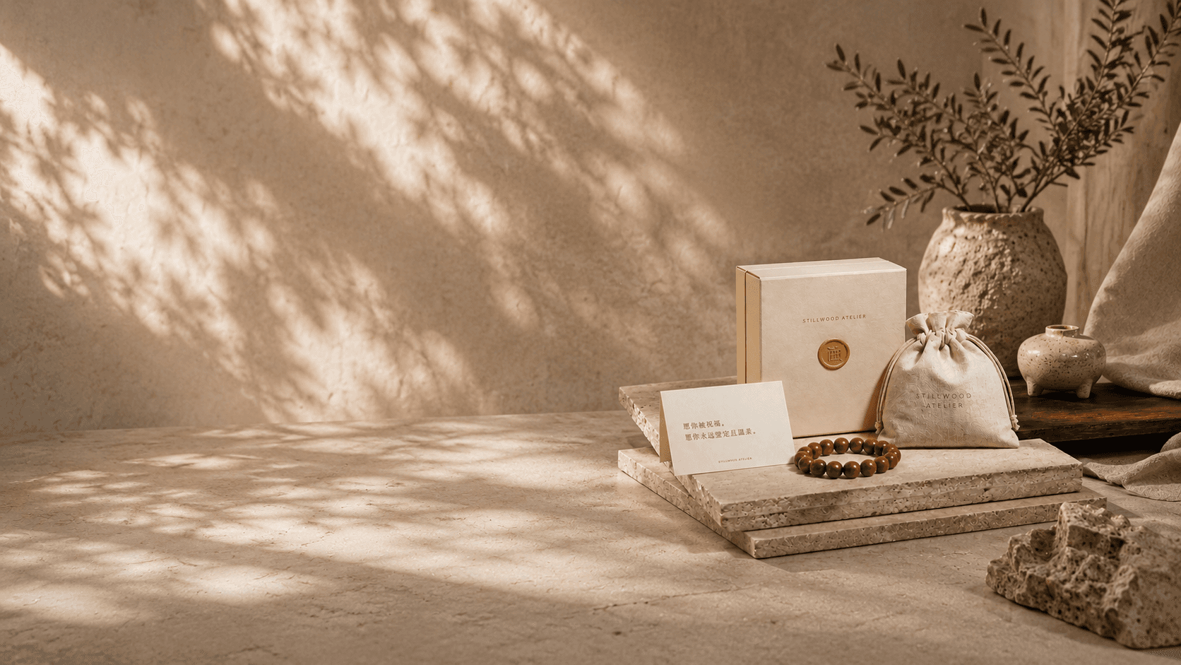 Stillwood Atelier gift setting with bracelets, packaging, and warm natural light.