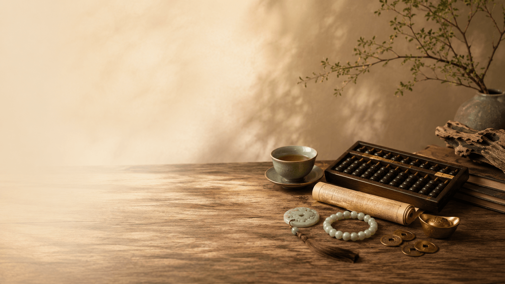 A warm still life with symbolic bracelets and golden details, representing steady growth, opportunity, and prosperity.