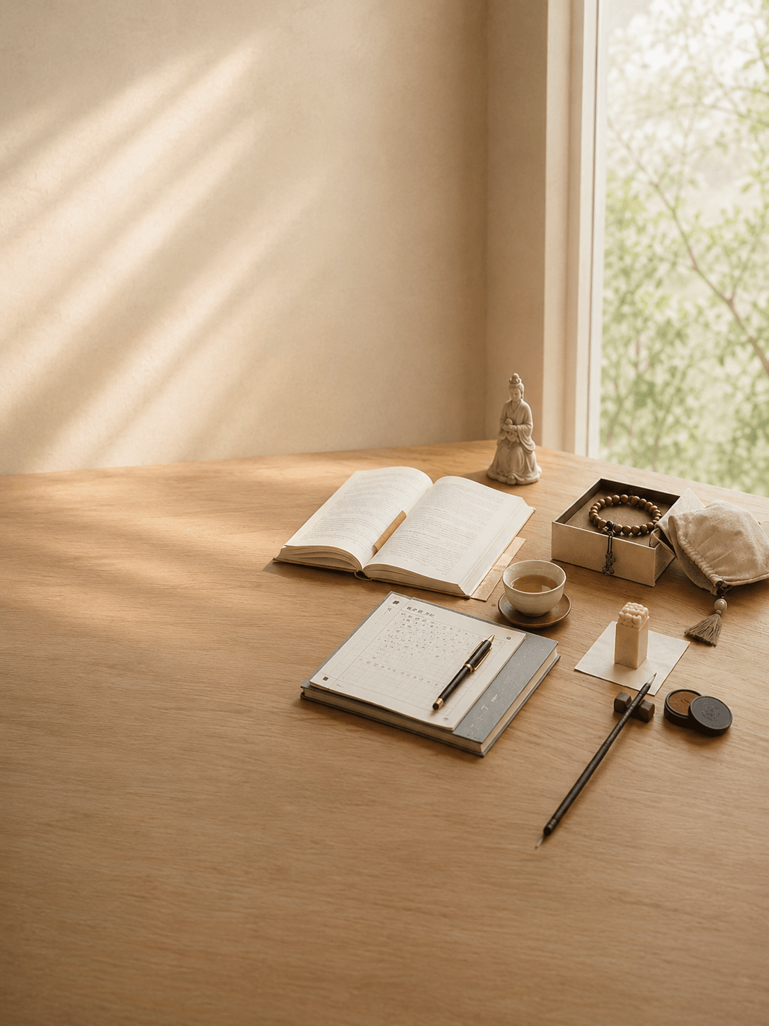 A quiet study desk with books, notes, tea, and a symbolic bracelet, representing focus, preparation, discipline, and exams.