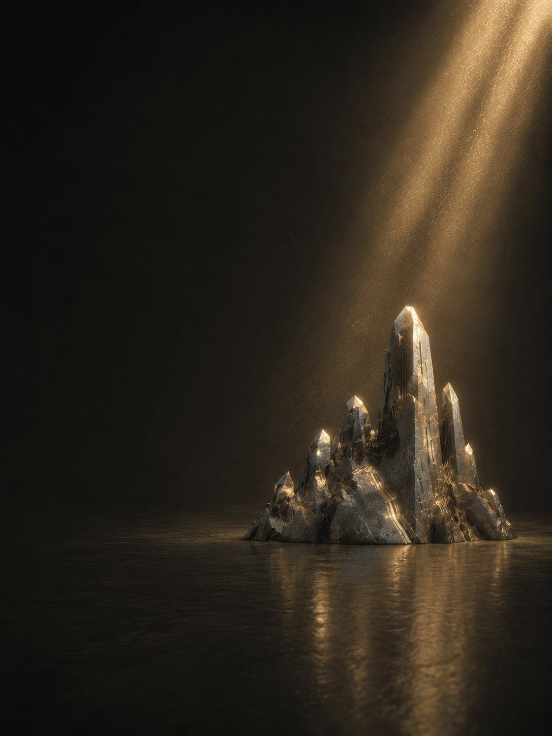 A mountain and mineral scene with clear light, representing the Metal element, refinement, structure, and discernment.