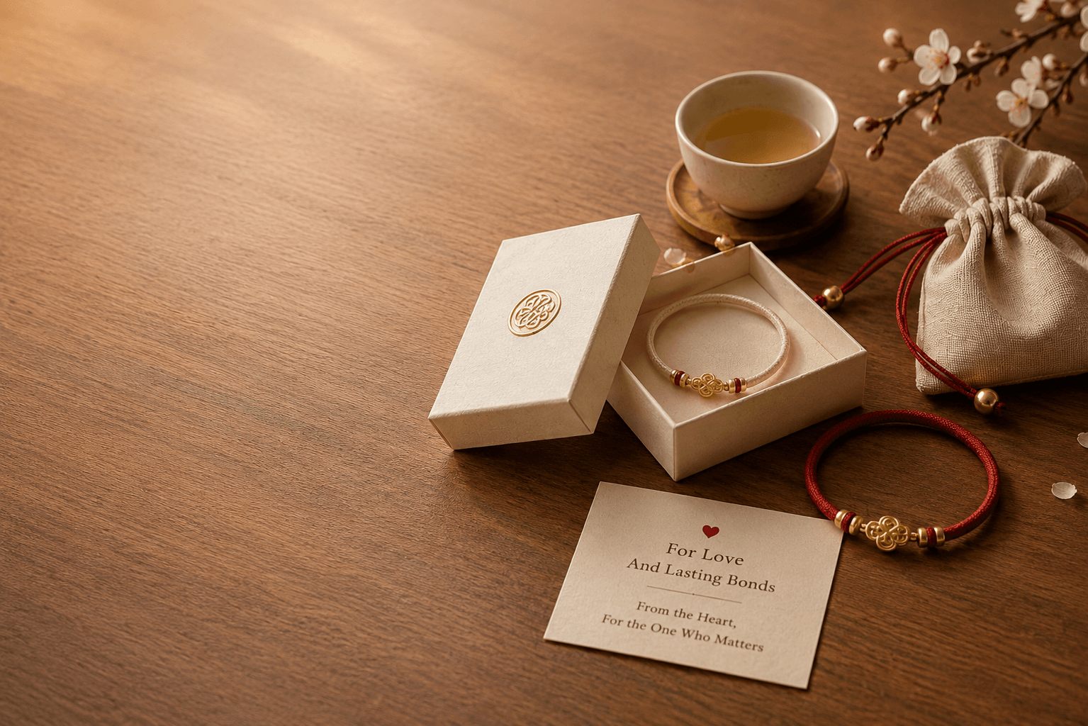 A warm scene with paired bracelets and soft gift details, representing love, sincerity, companionship, and gentle connection.