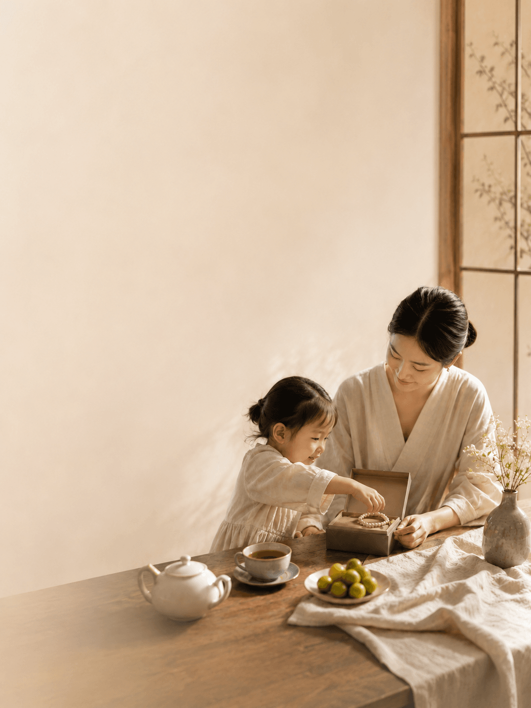 A warm family scene with tea, symbolic bracelets, and gentle light, representing family harmony, care, and blessings for children.