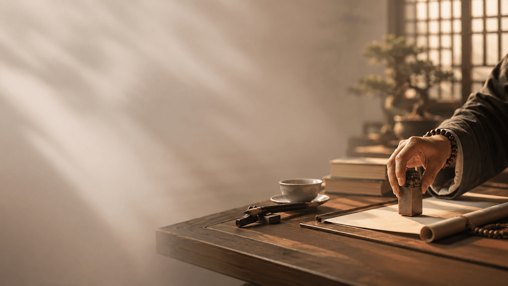 A calm desk scene with symbolic bracelets and work objects, representing focus, discipline, responsibility, and career advancement.