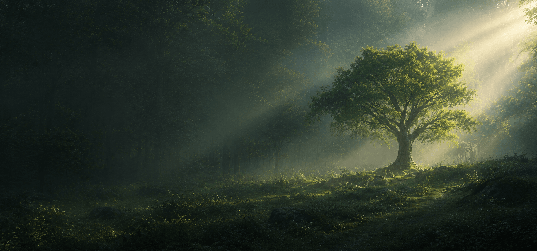 A tall tree in soft forest light, representing the Wood element, growth, renewal, and upward movement.