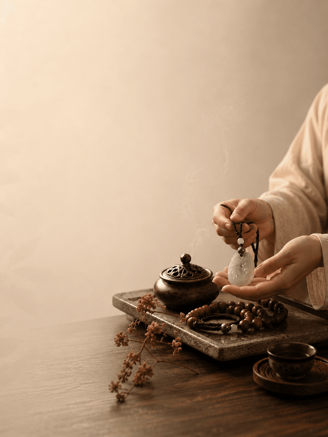A quiet protective bracelet scene with wood beads and a jade-like pendant, representing safety, grounding, and steady support.