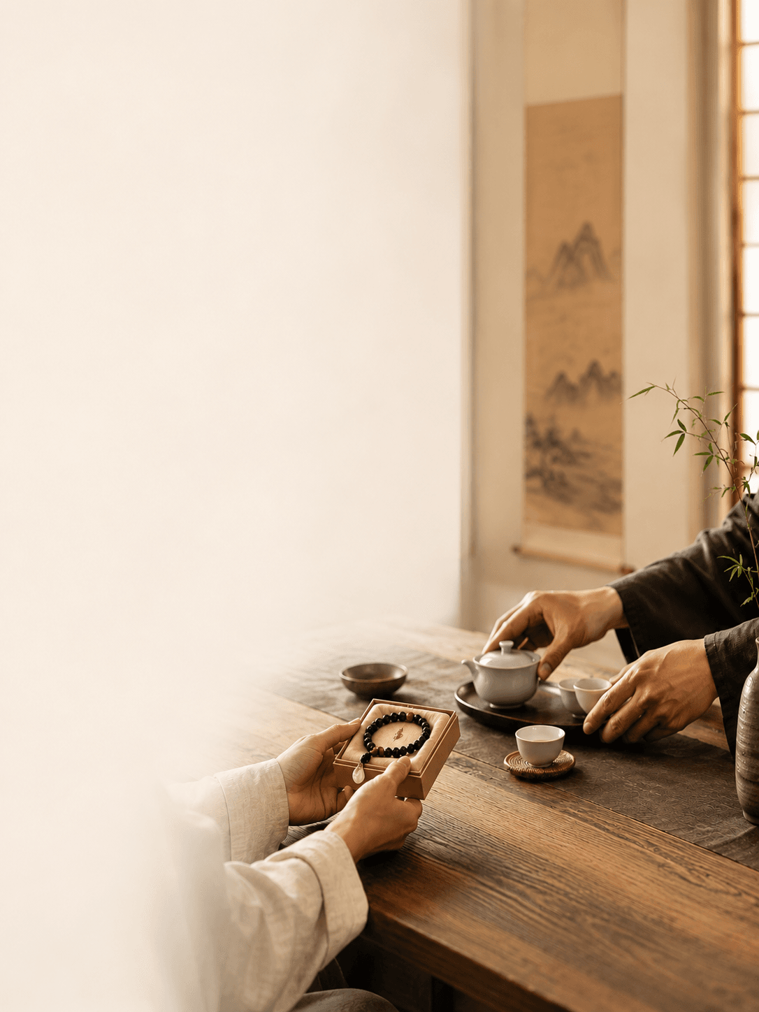 A warm scene of a symbolic bracelet or pendant being offered, representing timely support, meaningful connection, and opportunity.