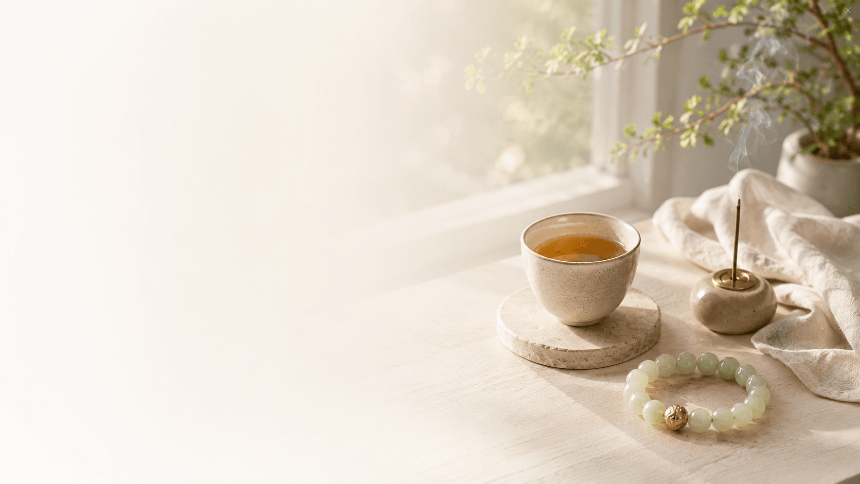 A peaceful tea and bracelet scene with soft natural light, representing calm, balance, stability, and everyday well-being.