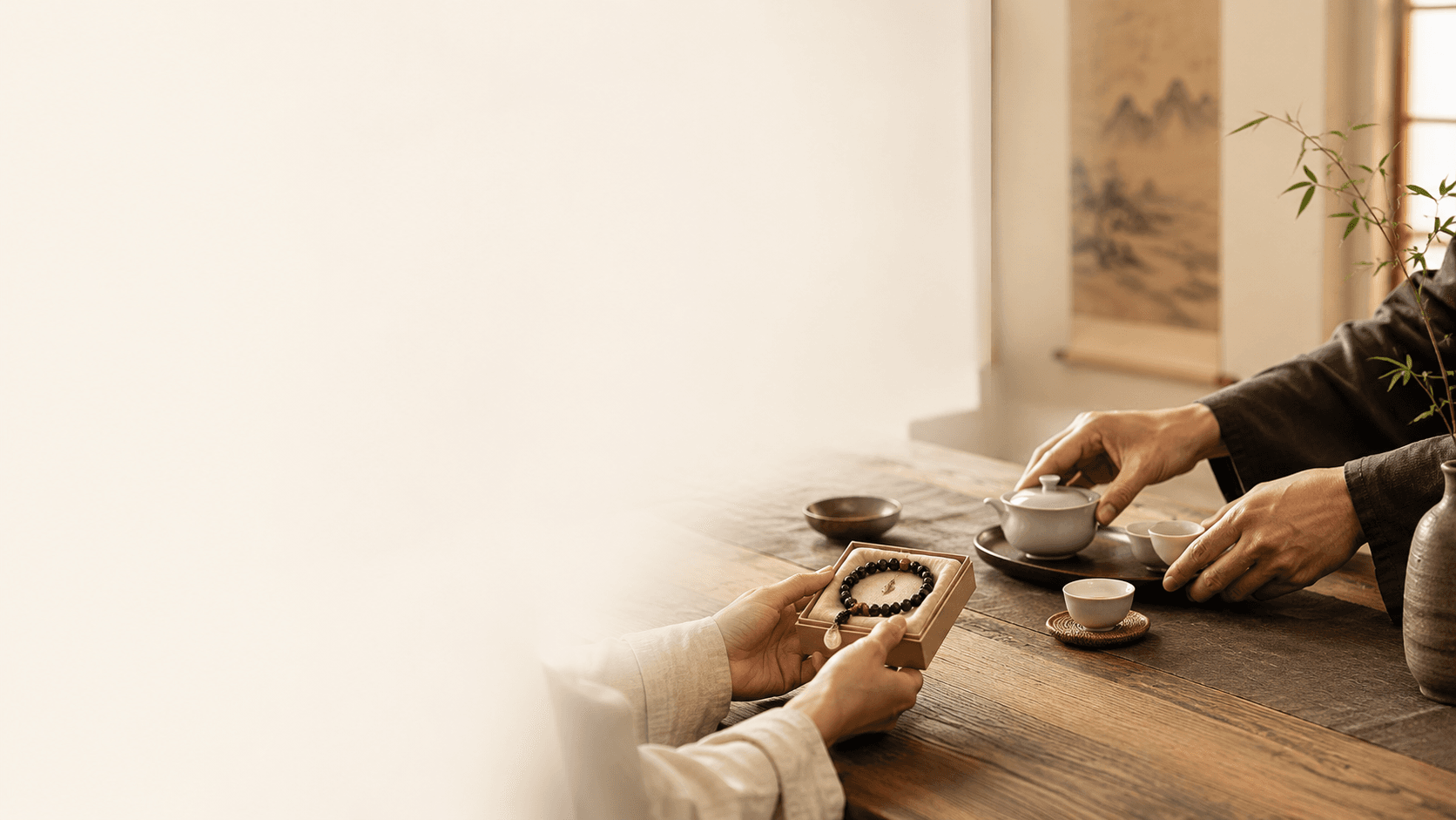 A warm scene of a symbolic bracelet or pendant being offered, representing timely support, meaningful connection, and opportunity.