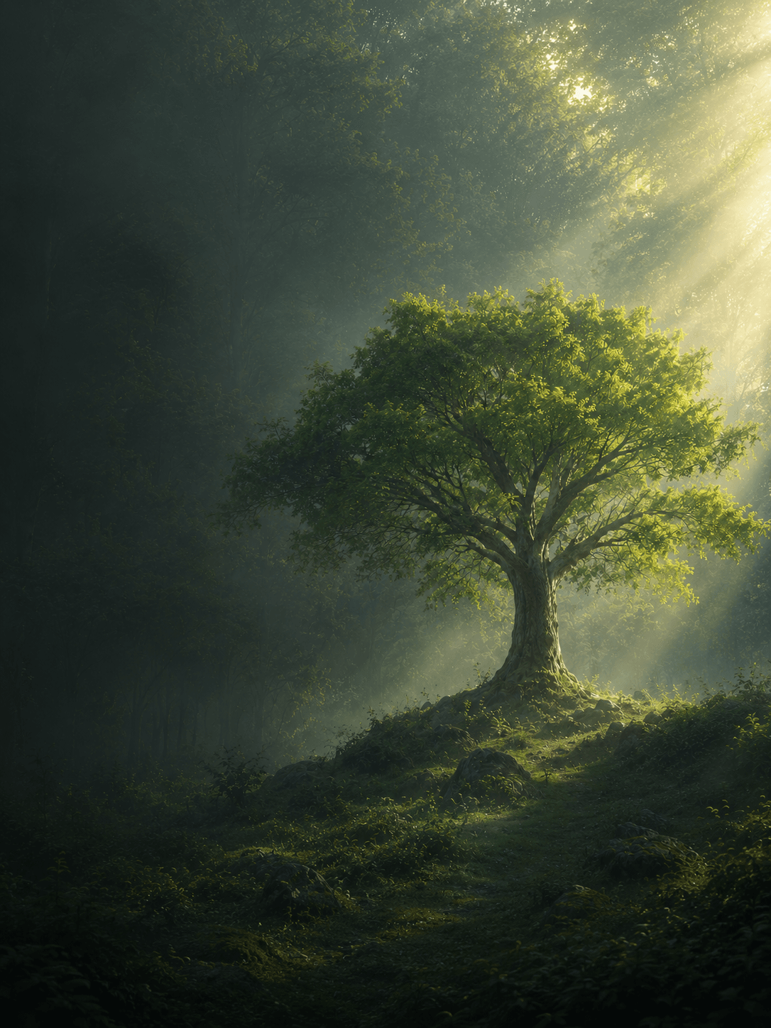 A tall tree in soft forest light, representing the Wood element, growth, renewal, and upward movement.