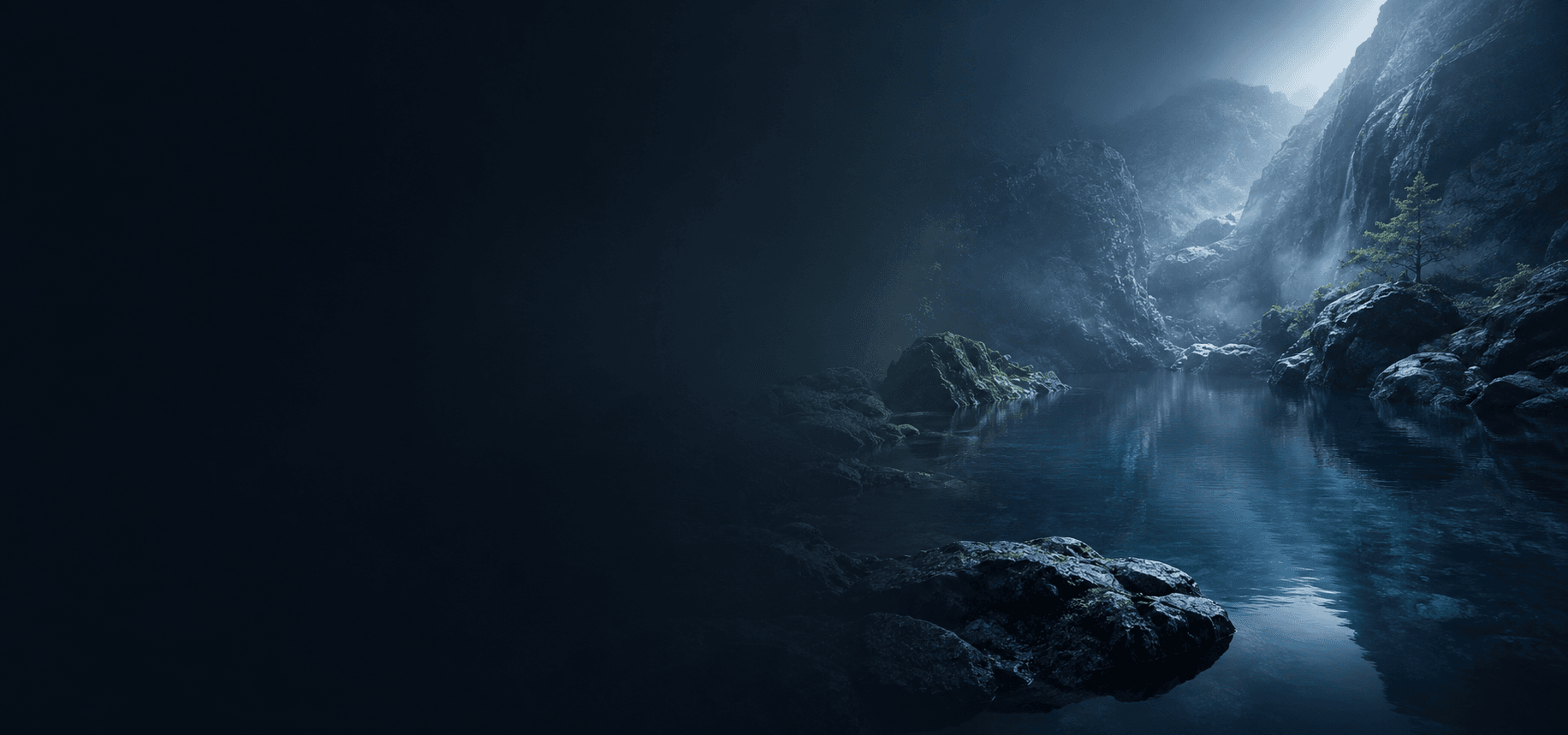 A flowing water scene with deep blue tones, representing the Water element, softness, depth, intuition, and adaptability.