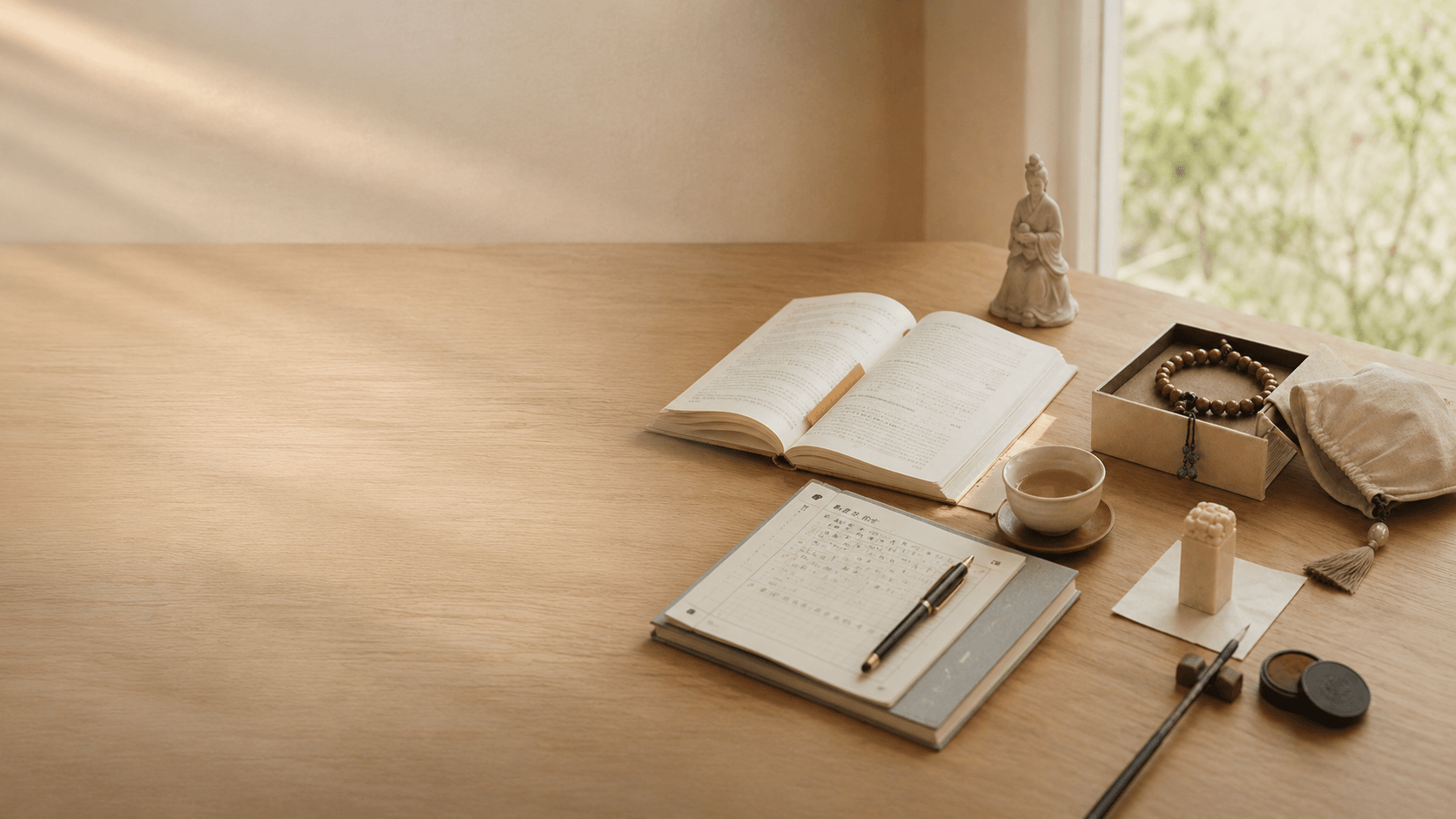 A quiet study desk with books, notes, tea, and a symbolic bracelet, representing focus, preparation, discipline, and exams.