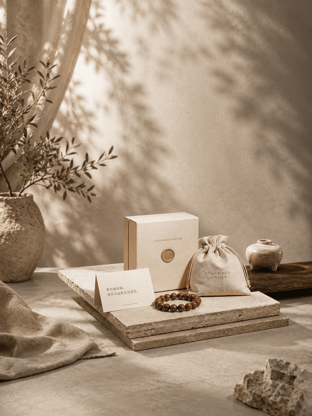 Stillwood Atelier gift setting with bracelets, packaging, and warm natural light.