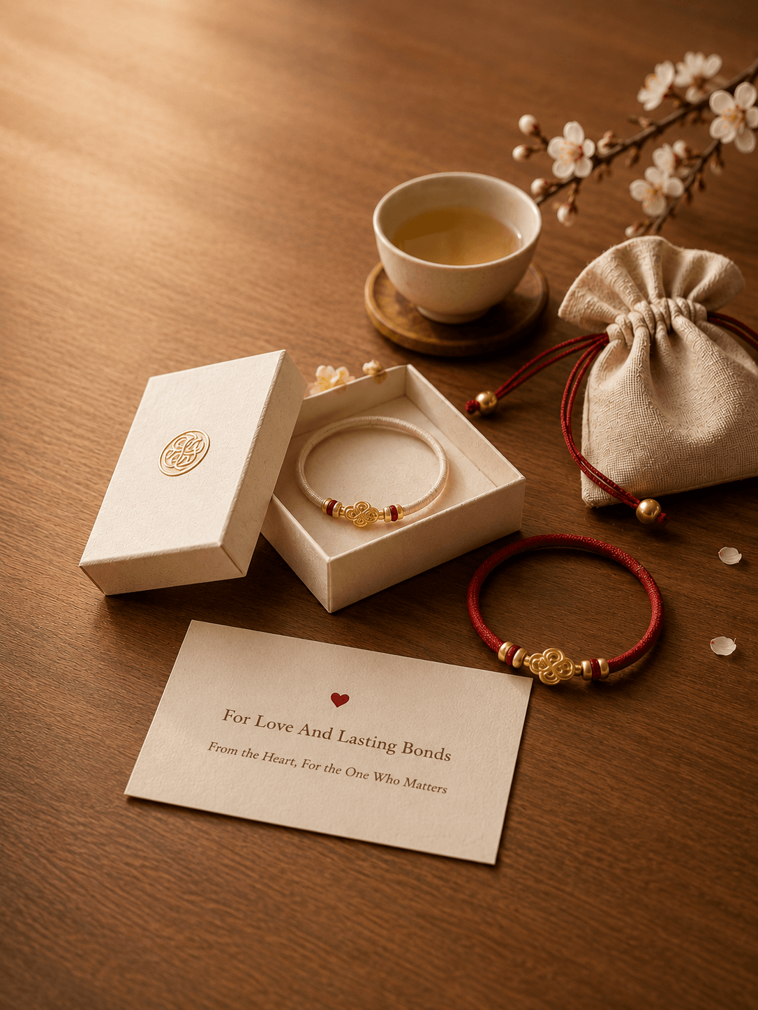 A warm scene with paired bracelets and soft gift details, representing love, sincerity, companionship, and gentle connection.