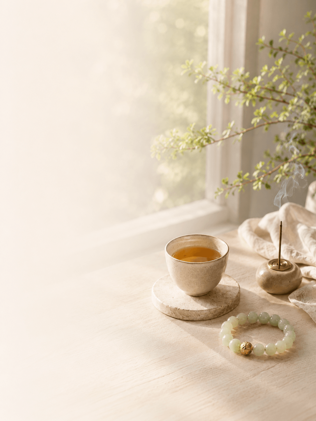 A peaceful tea and bracelet scene with soft natural light, representing calm, balance, stability, and everyday well-being.